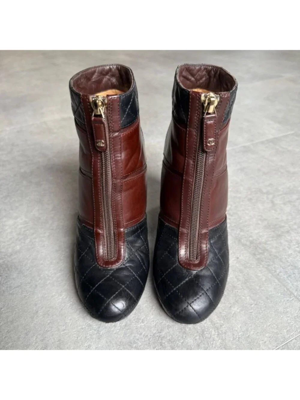 Chanel Quilted Coco Mark Zip Up Boots Leather Brown Black Bicolor 37 C 24 cm